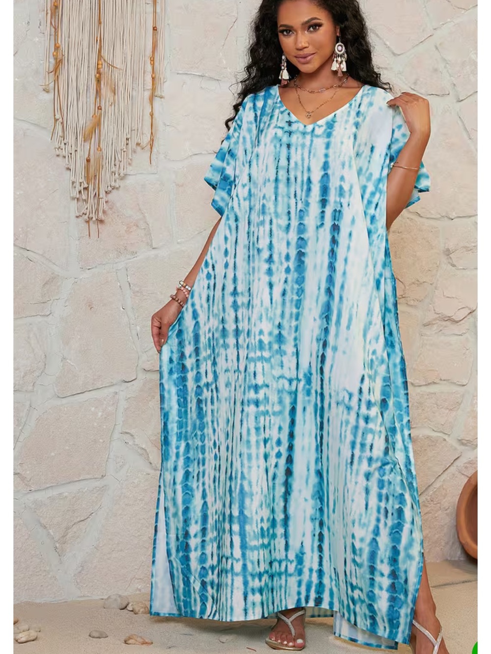 Women's Plus Kaftan Bathing Suit Cover Up Batwing Tye Die Dress Moroccan Mumu - Picture 2 of 12